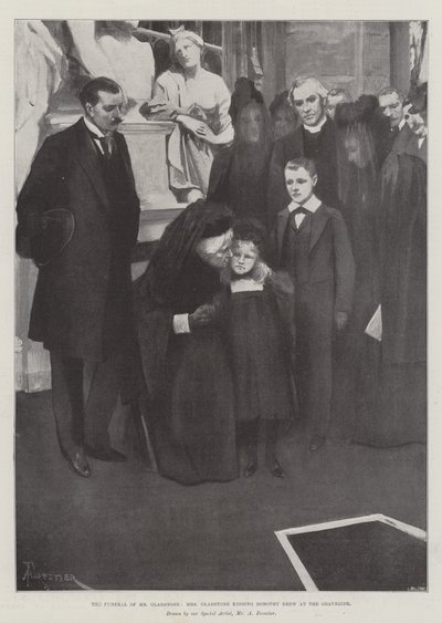 De begrafenis van Mr. Gladstone, Mrs. Gladstone kust Dorothy Drew bij het graf door Amedee Forestier
